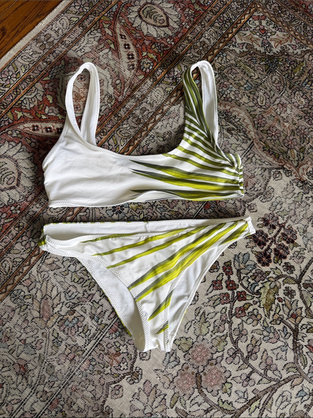 Small cali dreaming 🌴White & Olive Green Striped Women’s Bikini Set